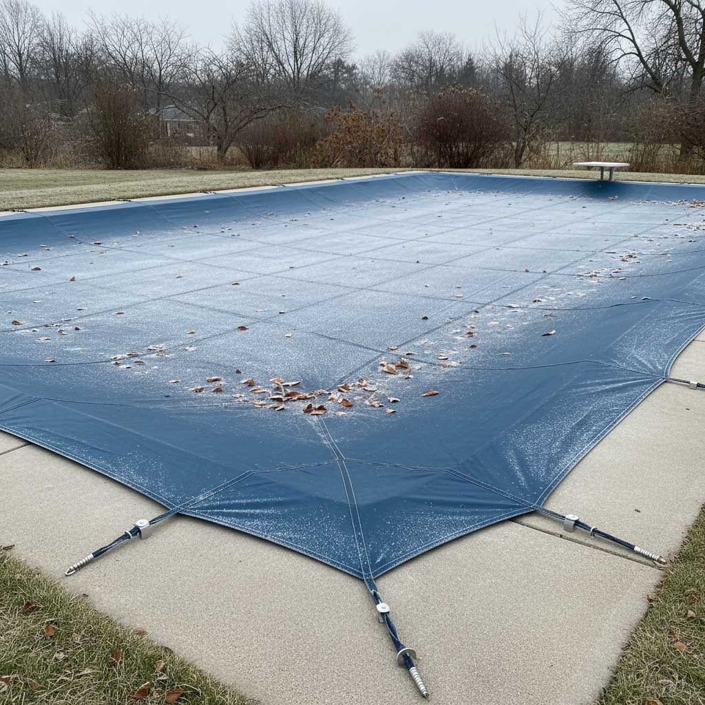 Rechteckiges Schwimmbecken, abgedeckt mit einer blauen Sicherheitsabdeckung, die im umgebenden Beton verankert ist.