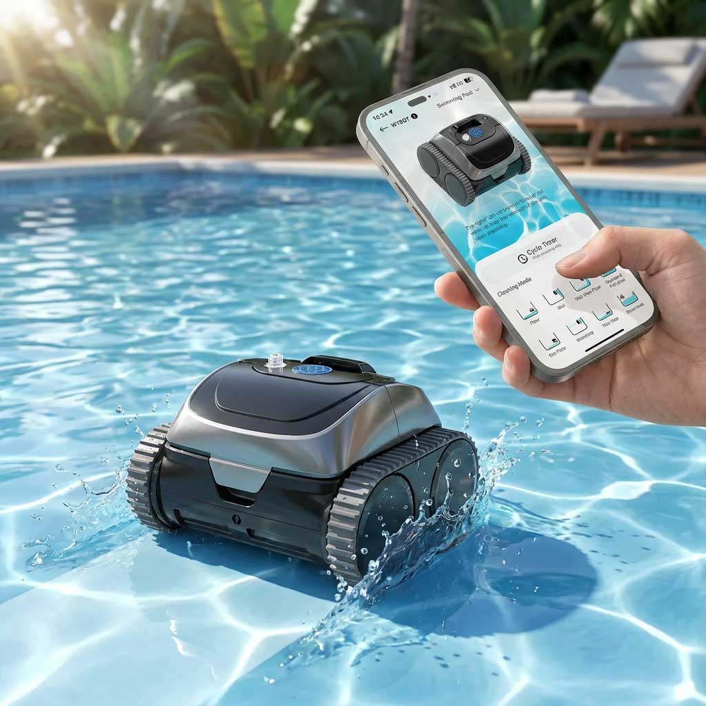 Ein Roboter-Poolreiniger, der mit einer Smartphone-Steuerung in einem Schwimmbad arbeitet.