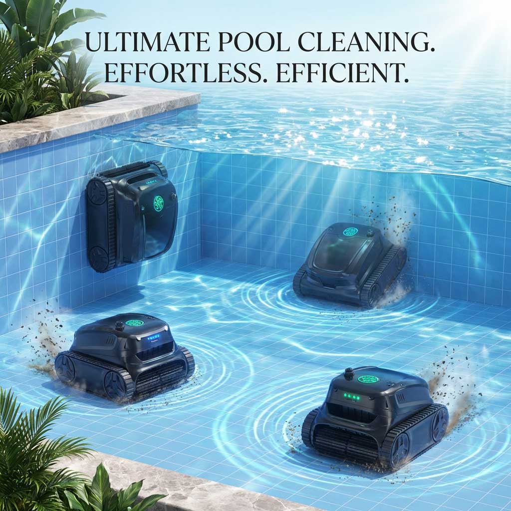 Vier Roboter-Poolreiniger im Einsatz in einem blau gefliesten Schwimmbad.