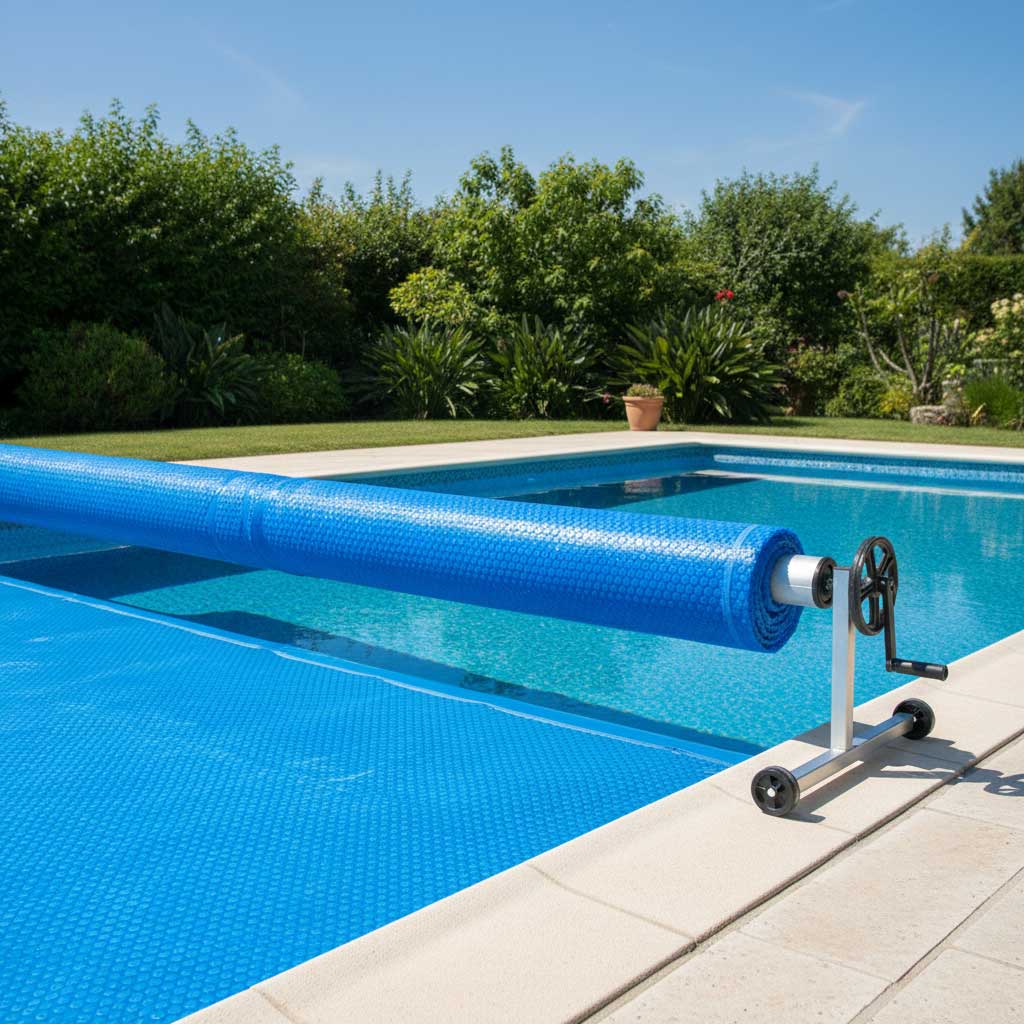 Rechteckiger Pool mit blauer Luftpolsterfolie und Rollensystem.