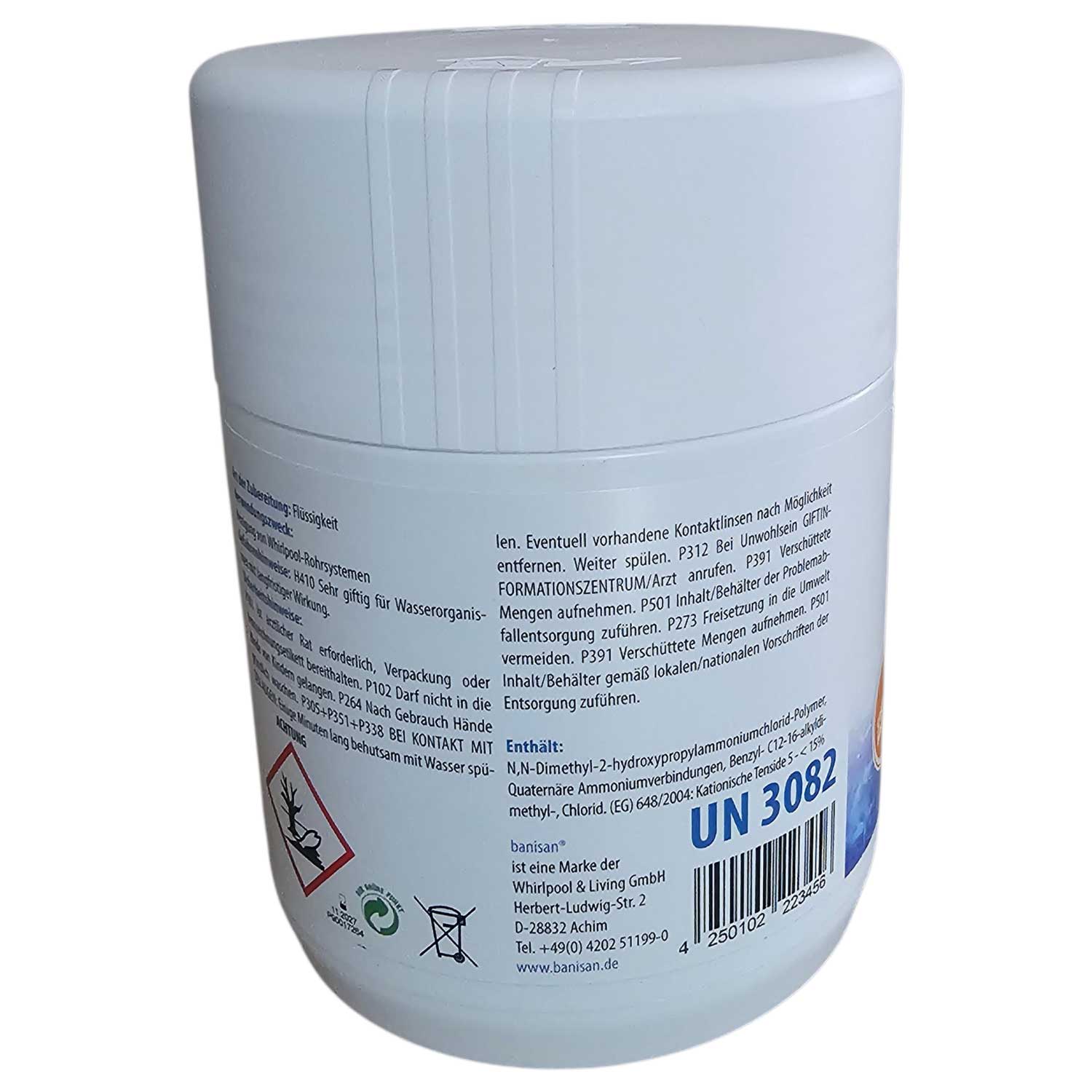 Behälter mit flüssiger Chemikalie mit Sicherheitswarnungen und Gebrauchsanweisungen.