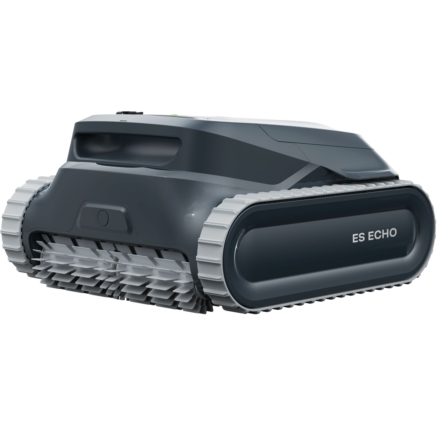 Bild eines Roboter-Poolreinigers mit grauen Laufflächen und dem Text „ES ECHO“ auf der Seite.