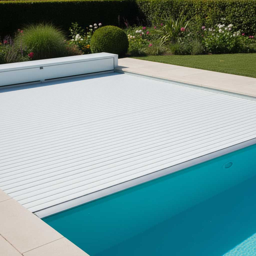 Das Bild zeigt ein rechteckiges Schwimmbad, das mit einem weißen, automatischen Sicherheits-Poolabdeckungssystem abgedeckt ist.