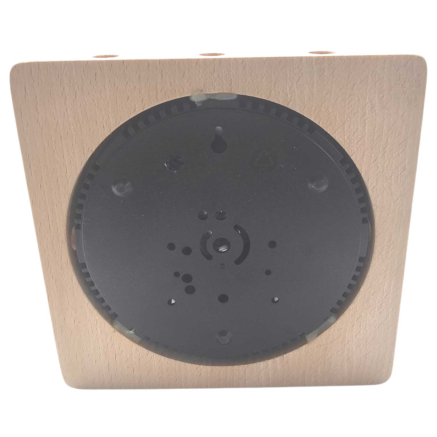 Rückansicht eines quadratischen hölzernen Sauna-Hygrometers mit schwarzem Kunststoffgehäuse und Befestigungslöchern.
