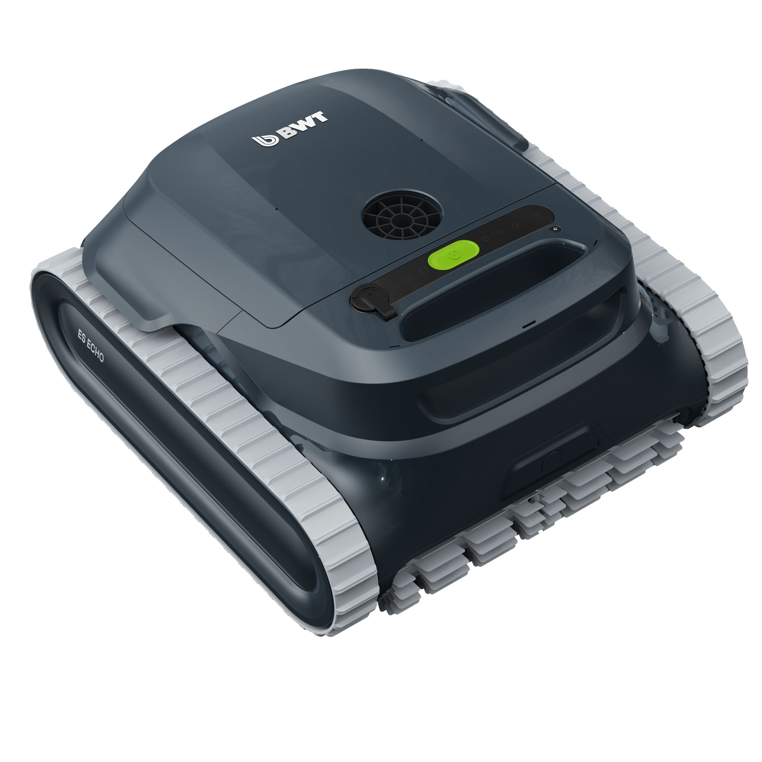 Roboter-Poolreiniger mit Raupenrädern, dunkelgrauem Gehäuse und Benutzeroberfläche.