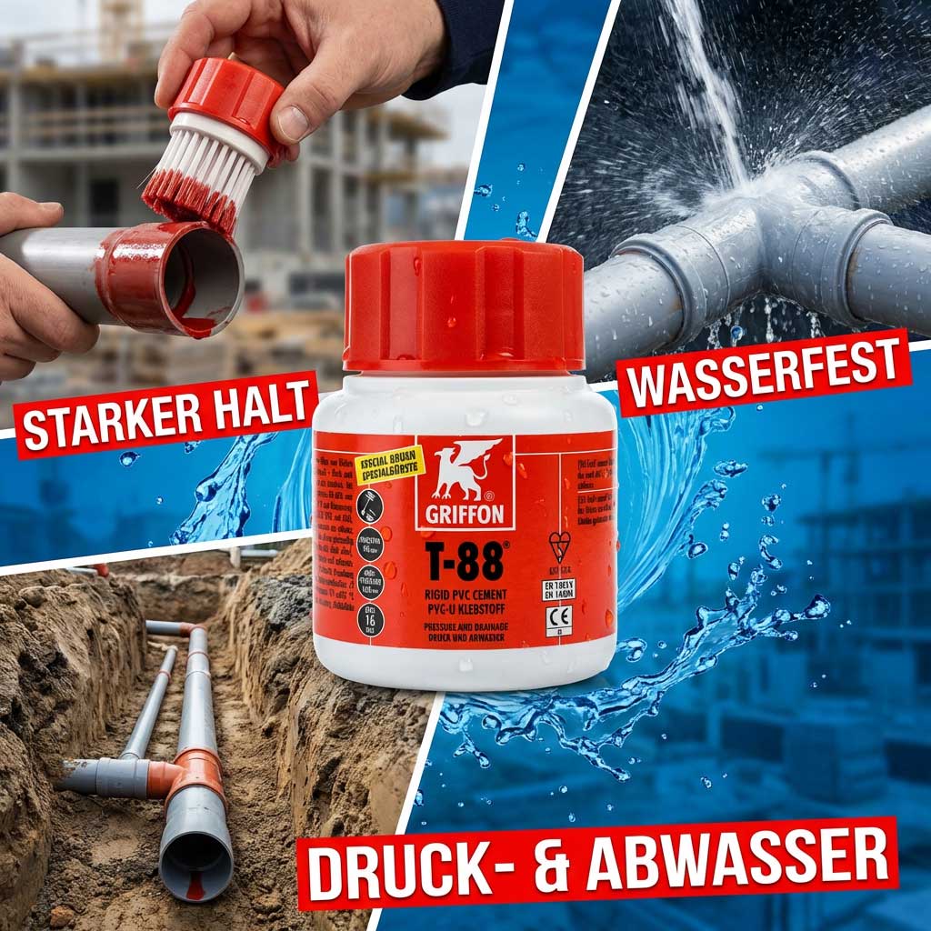 Auf Rohre aufgetragener PVC-Kleber sorgt für eine sichere Wasser- und Druckabdichtung.