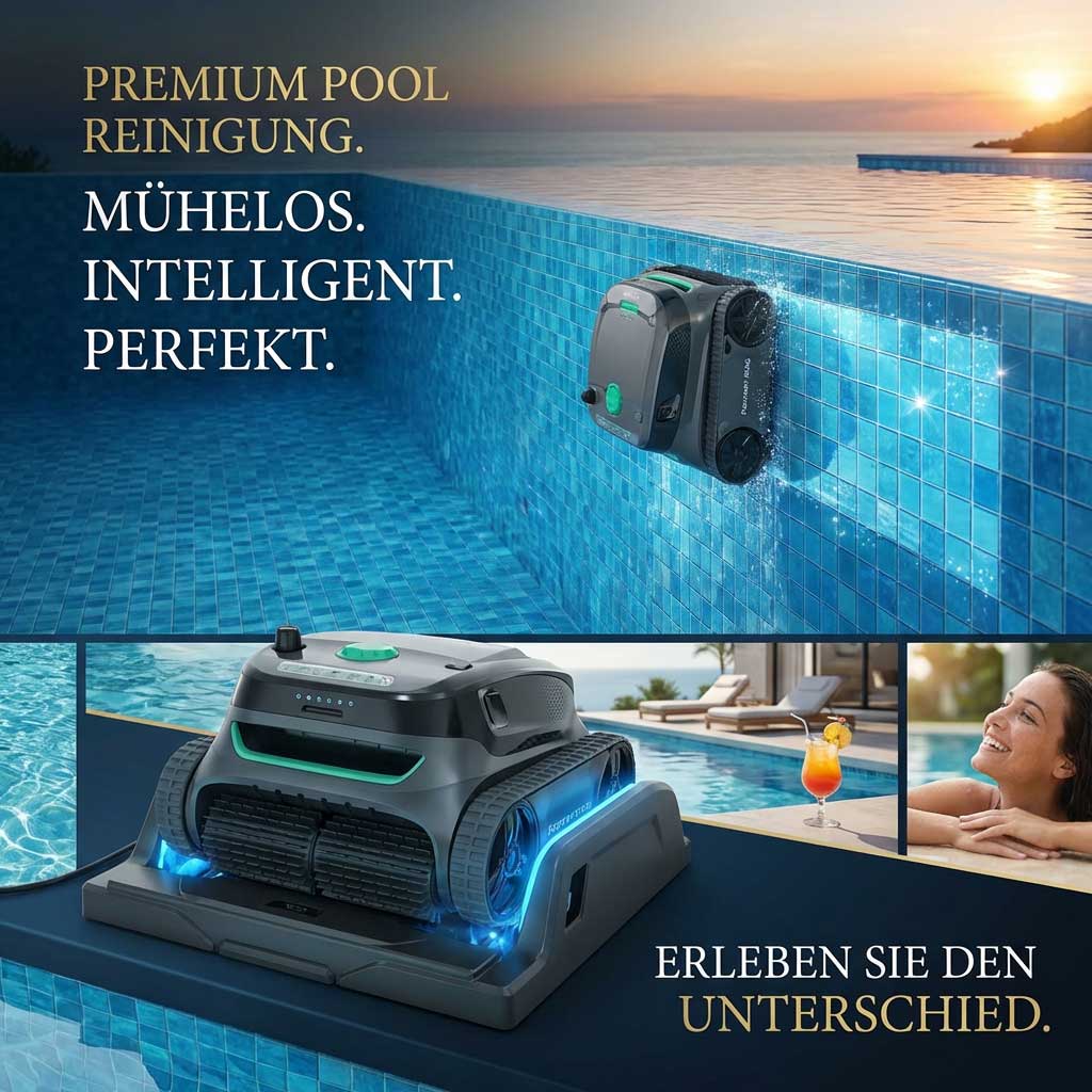 Automatisierter Poolreiniger, der in einem blau gefliesten Schwimmbad arbeitet.