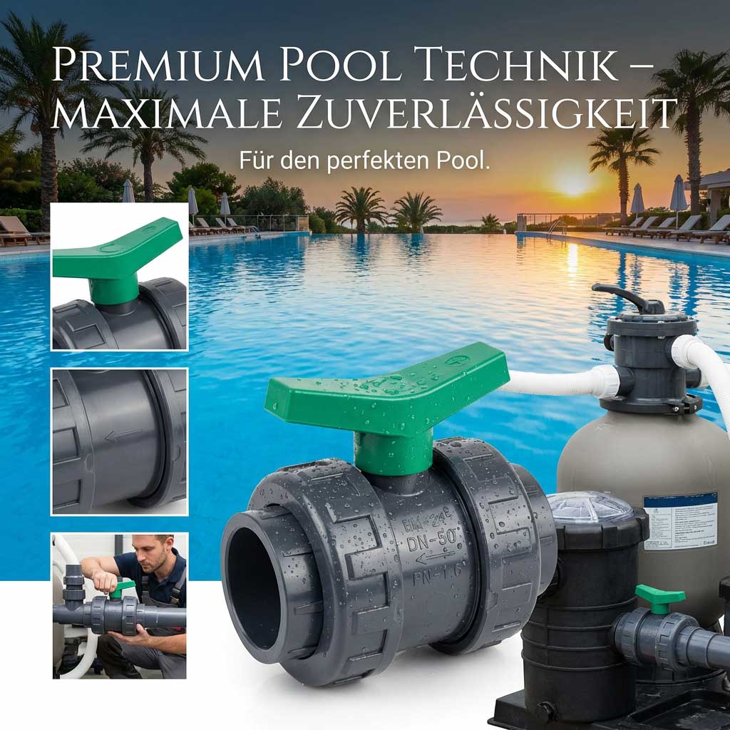 Graues PVC-Kugelhahnventil mit grünem Griff, Detailansichten und Installation am Poolfiltersystem.