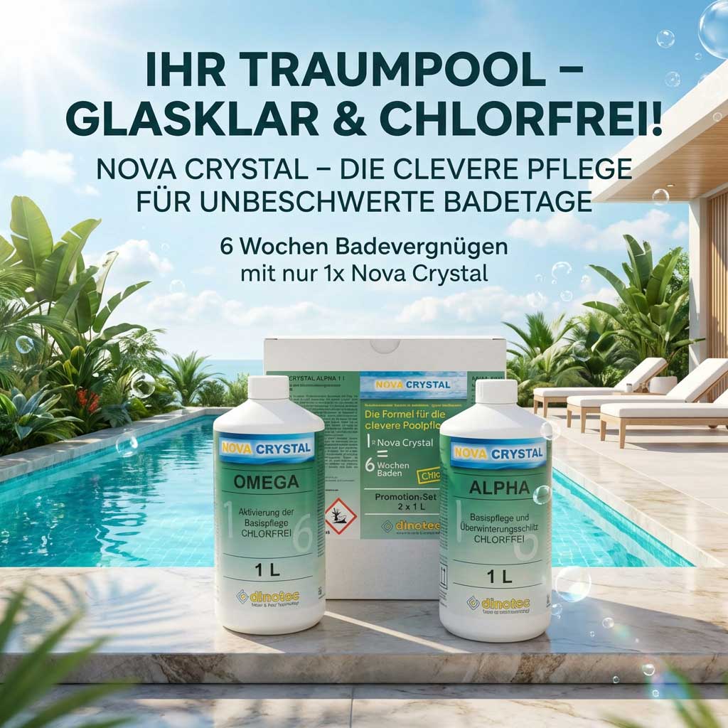 Zwei 1-Liter-Flaschen der Poolpflegeprodukte Omega und Alpha von Nova Crystal an einem Schwimmbad.