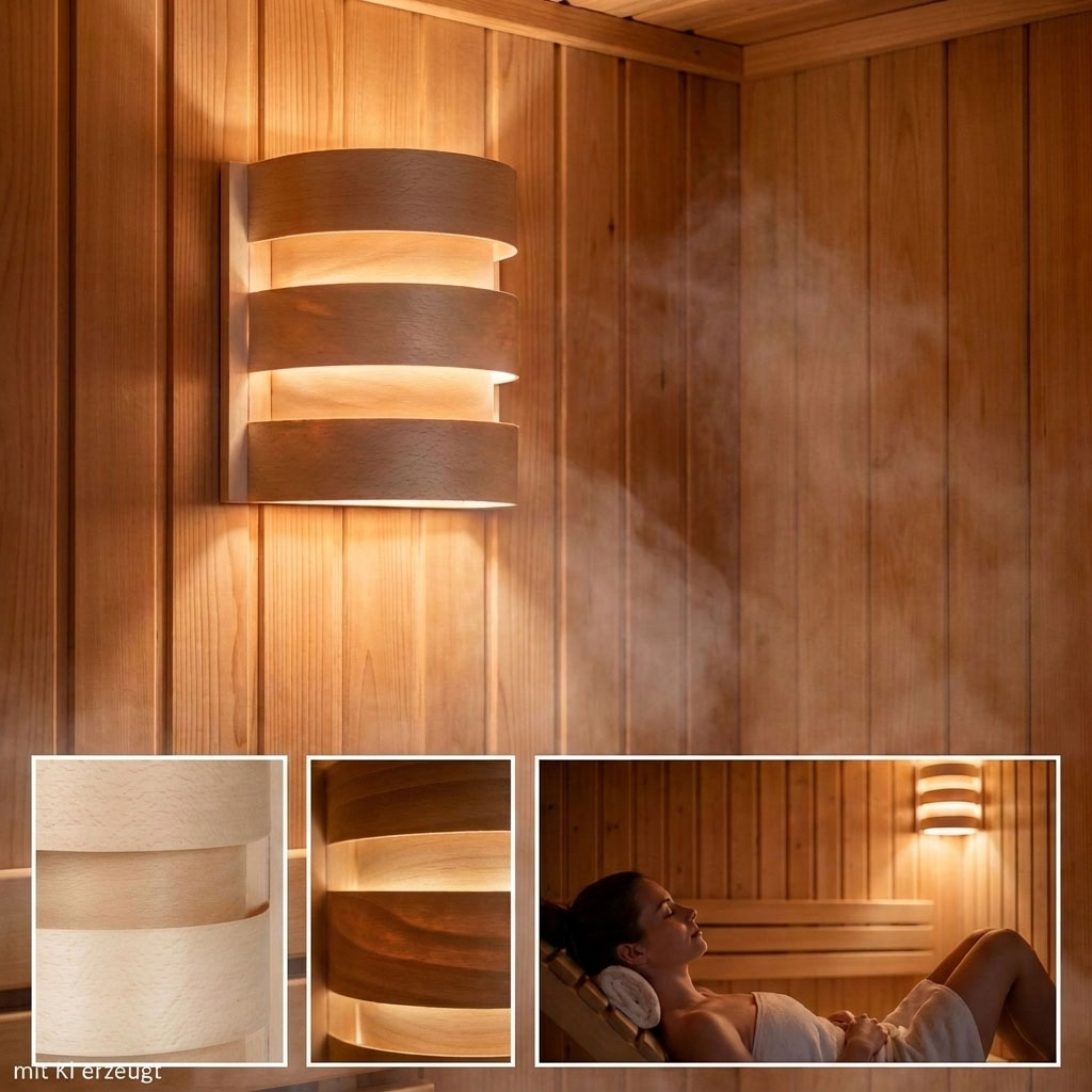 Saunaleuchte aus Holz mit horizontalen Lamellen, montiert an einer holzgetäfelten Wand.