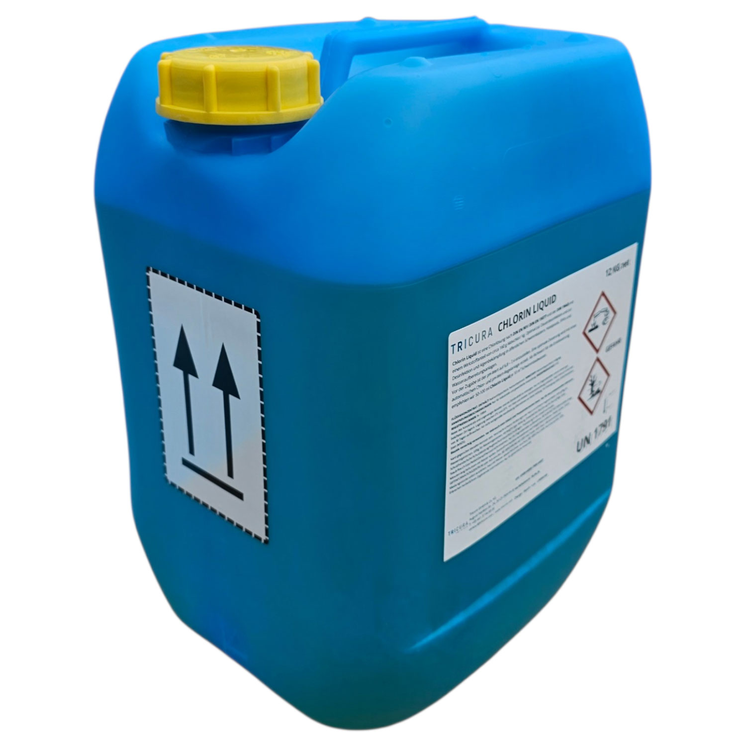 Blauer Behälter mit gelbem Deckel, beschriftet als Chlorflüssigkeit.