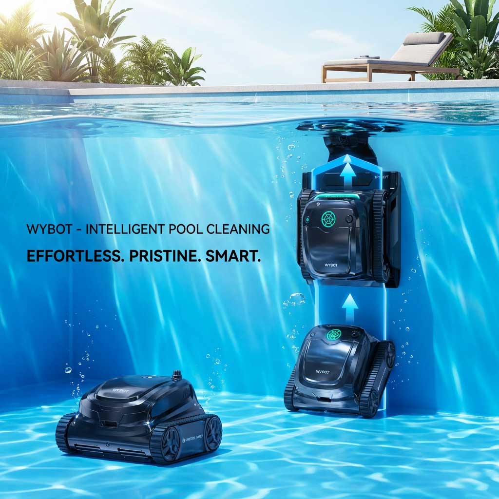 Intelligenter Poolreinigungsroboter, der unter Wasser in einem Schwimmbad arbeitet.
