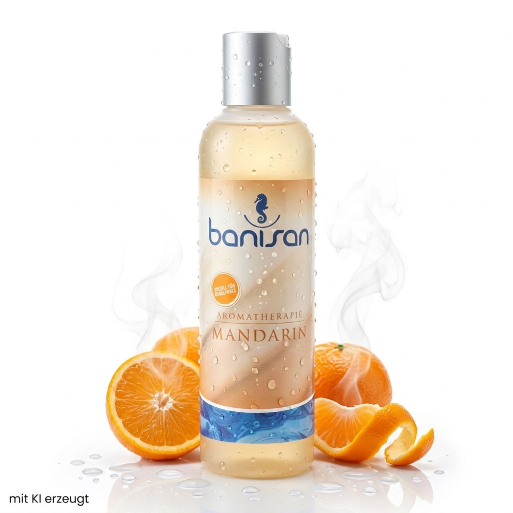 Eine Flasche Banisan Mandarin Badezusatz mit Wassertropfen auf weißem Hintergrund.