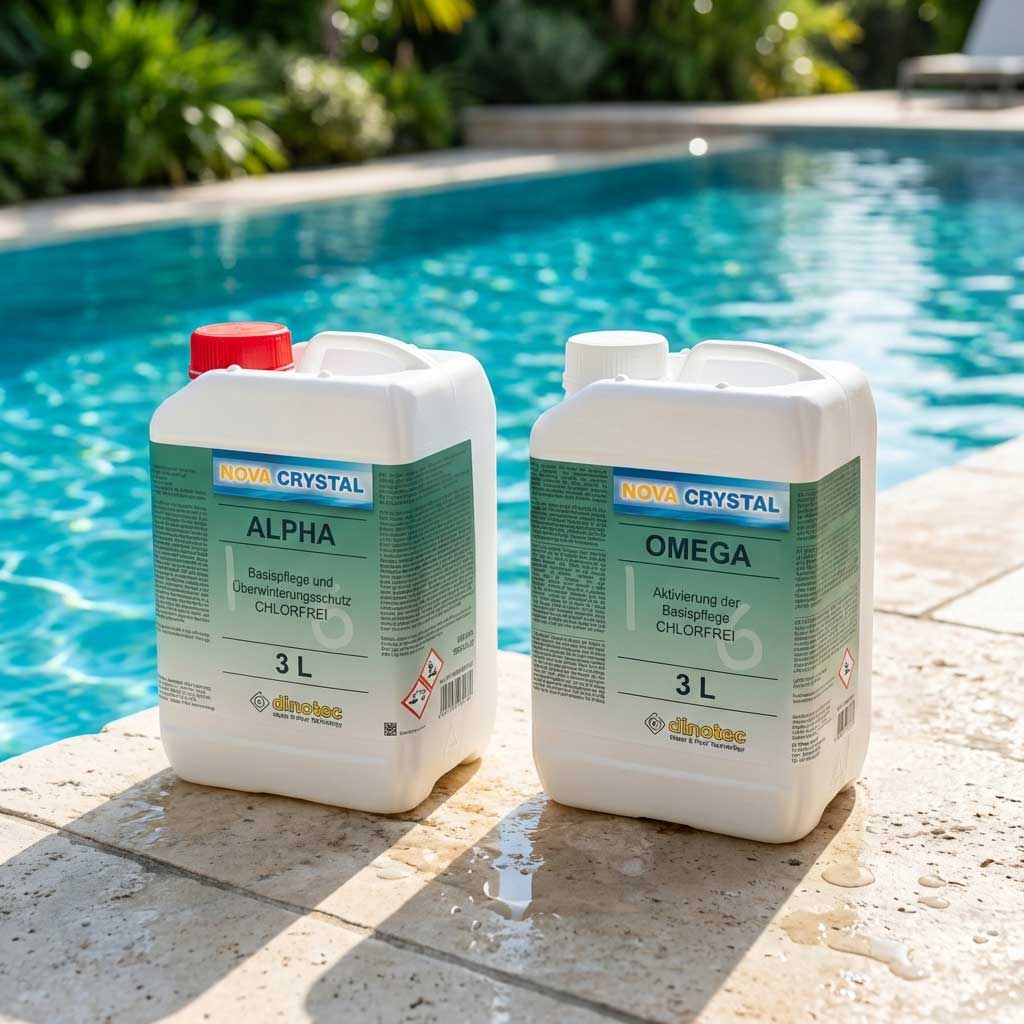 Zwei 3-Liter-Behälter mit Nova Crystal-Poolchemikalien, Alpha und Omega, stehen am Pool.