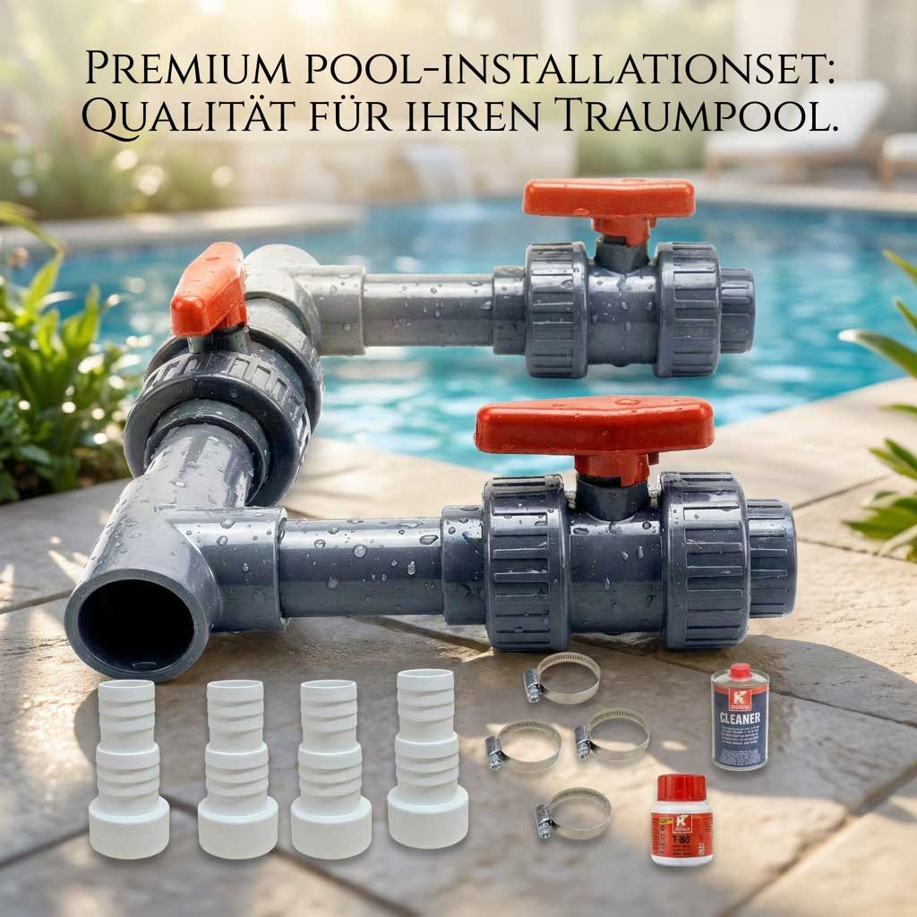 Pool-Installationsset mit Ventilen, Anschlüssen und Reinigungszubehör.