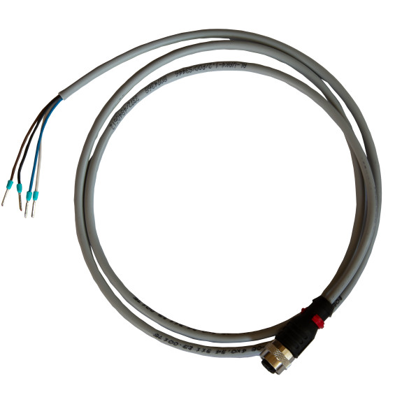 Ein graues Elektrokabel mit einem Rundstecker an einem Ende und vier abisolierten Adern.