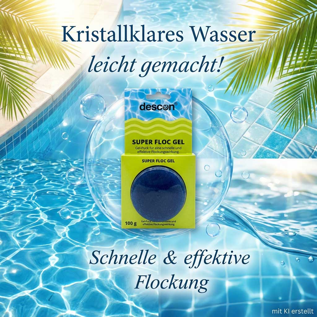 Ein blauer Flockungsmittel-Gel-Puck zur Poolwasseraufbereitung in der Originalverpackung.