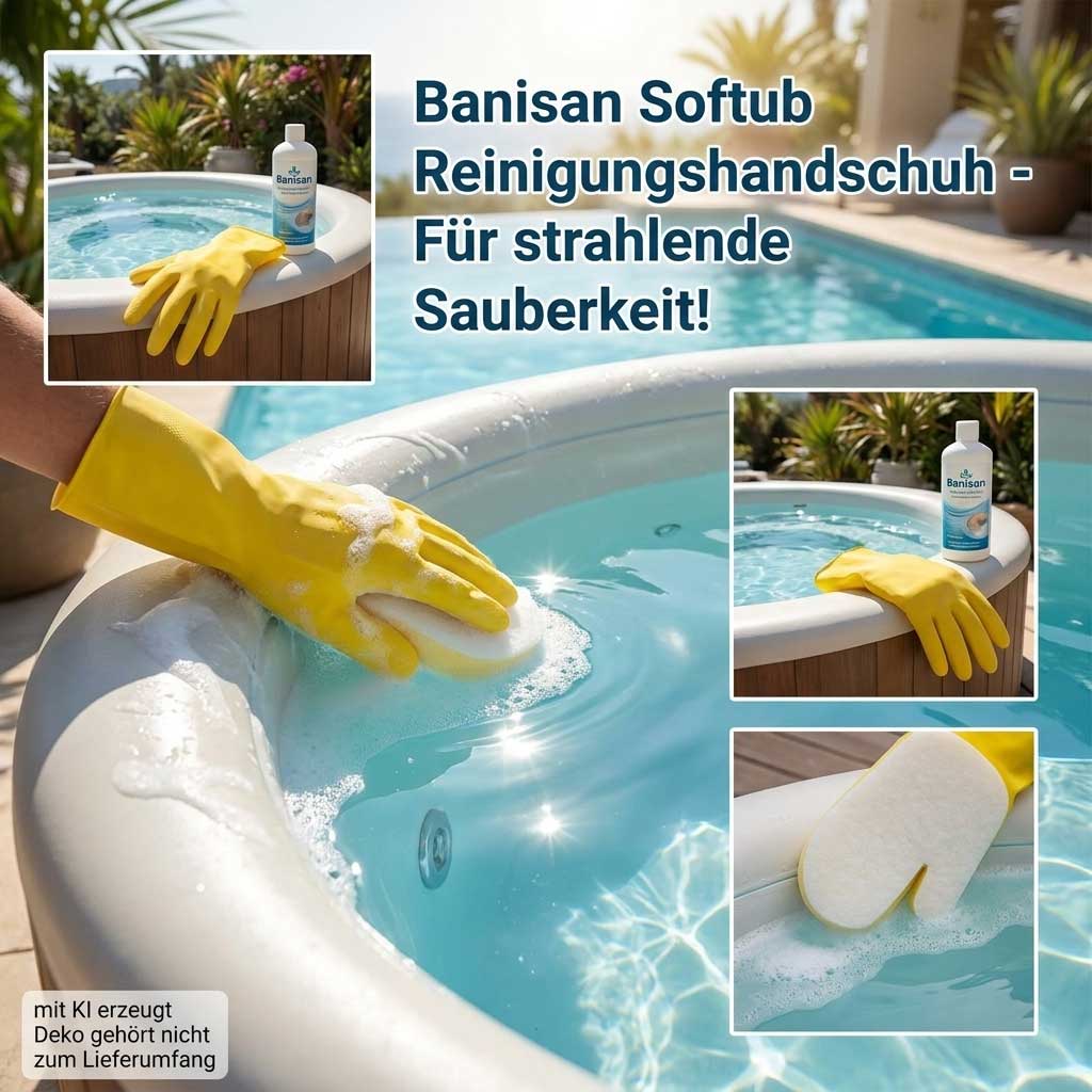 Ein gelber Reinigungshandschuh wird verwendet, um den Rand eines Whirlpools mit Seifenwasser zu schrubben.