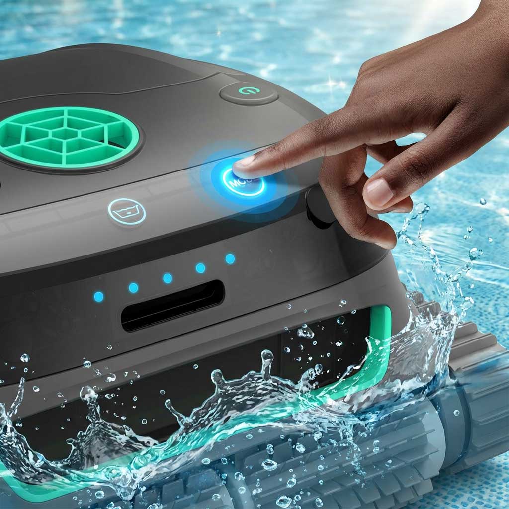Ein Roboter-Poolreiniger mit einer Hand, die den Netzschalter drückt.