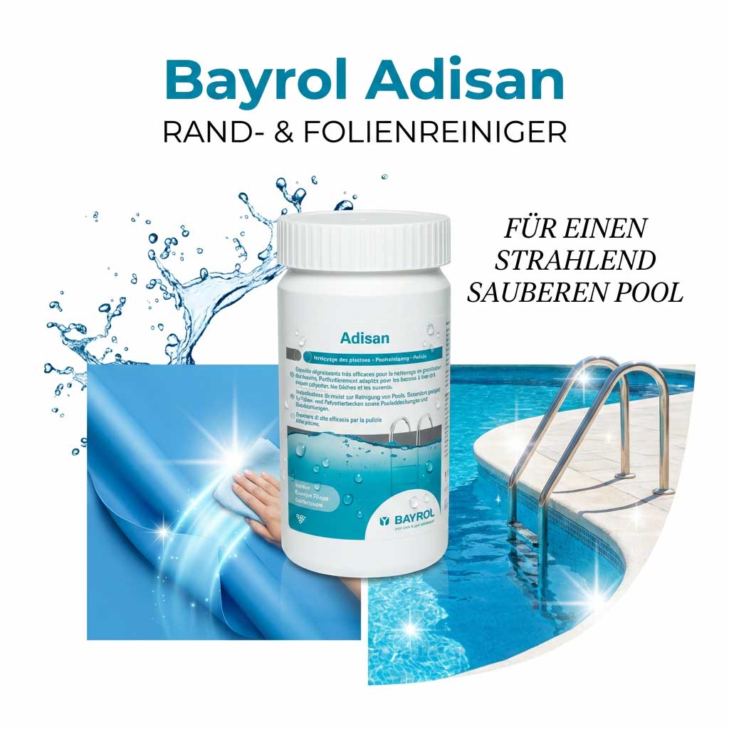 Behälter mit Poolreiniger neben einem Schwimmbad und Reinigungstuch.