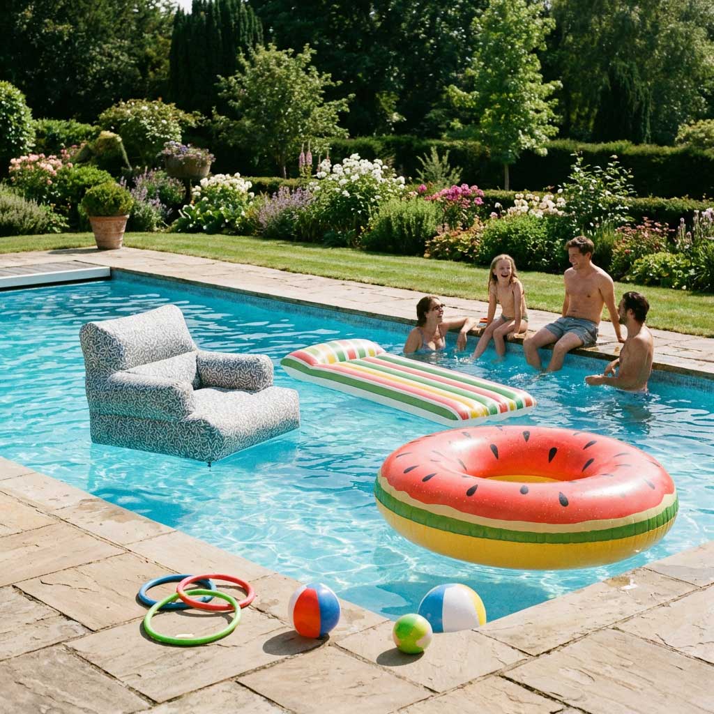 Außenpool mit aufblasbarem Sessel, Floß und Wassermelonenschwimmer; Familie genießt den Sommer.