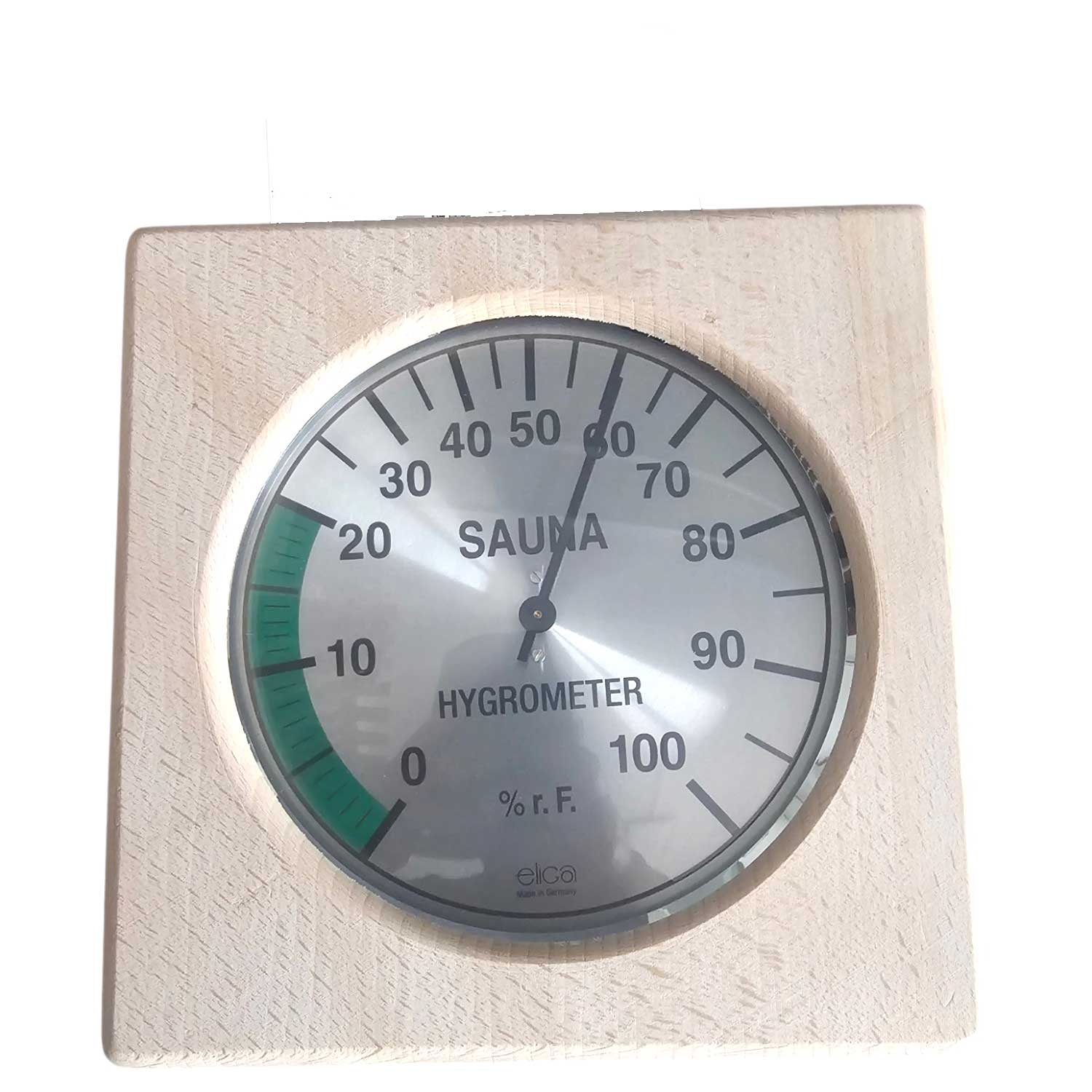 Ein quadratisches Sauna-Hygrometer aus Holz mit einem runden analogen Zifferblatt zur Messung des Luftfeuchtigkeitsprozentsatzes.