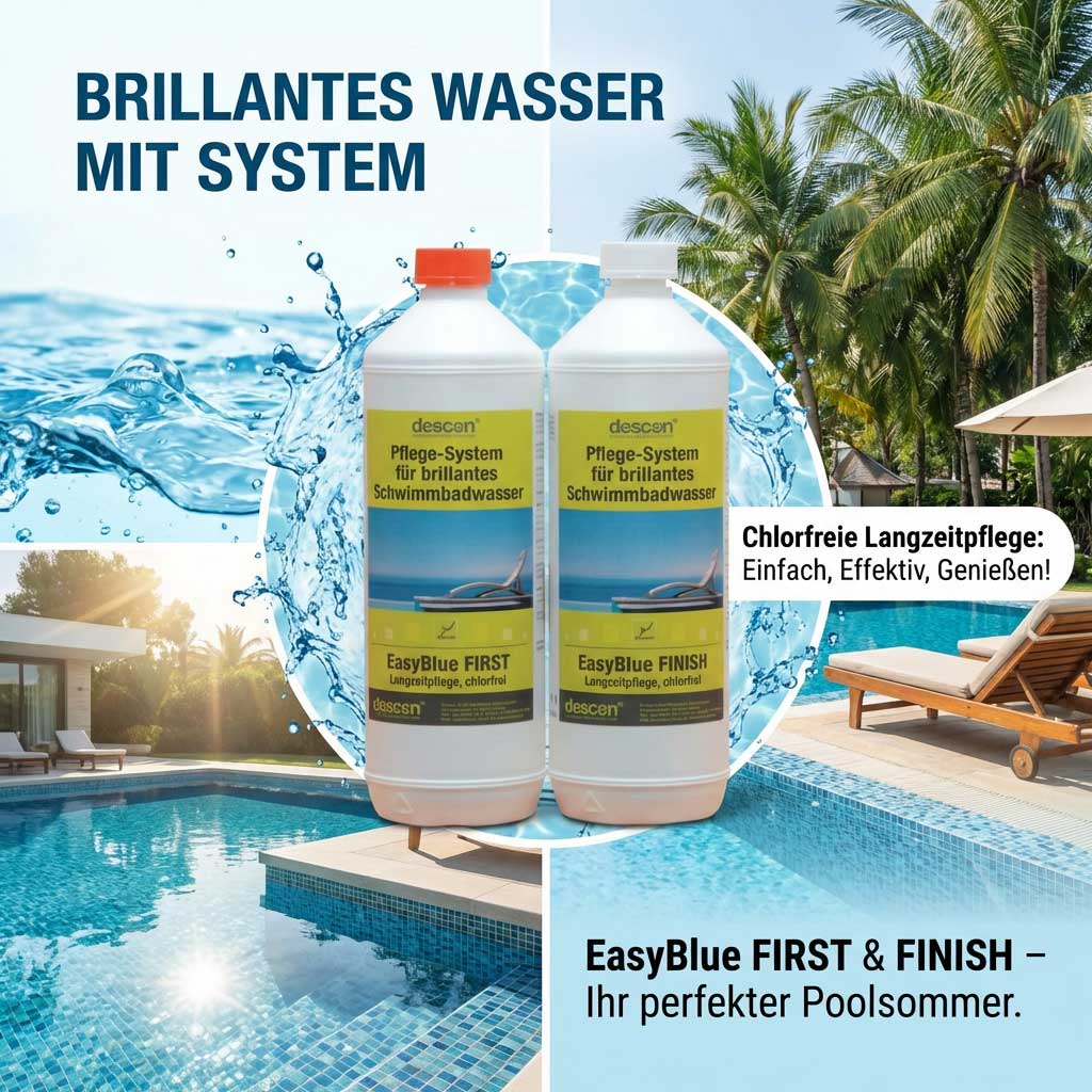 Zwei Poolpflegeproduktflaschen, „EasyBlue FIRST“ und „EasyBlue FINISH“, neben einem Schwimmbad.