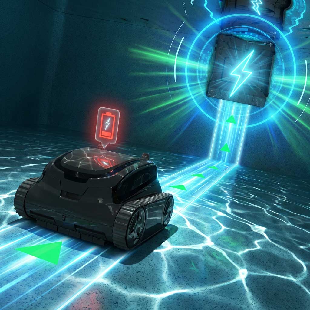 Automatischer Poolreiniger mit Aufladung im Wasser und Batterieanzeige.