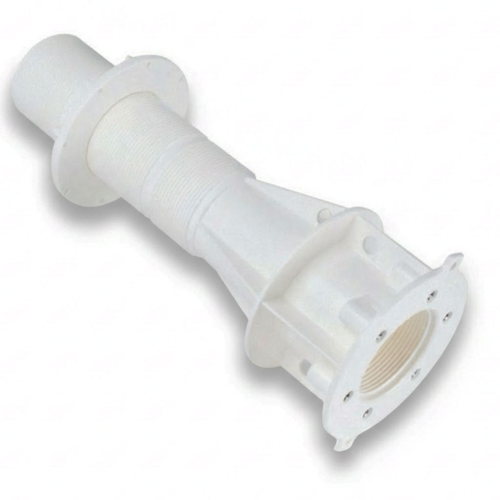 Durchbruchverschraubung aus weißem Kunststoff mit Gewindeende und Flansch für Schiffsanwendungen.
