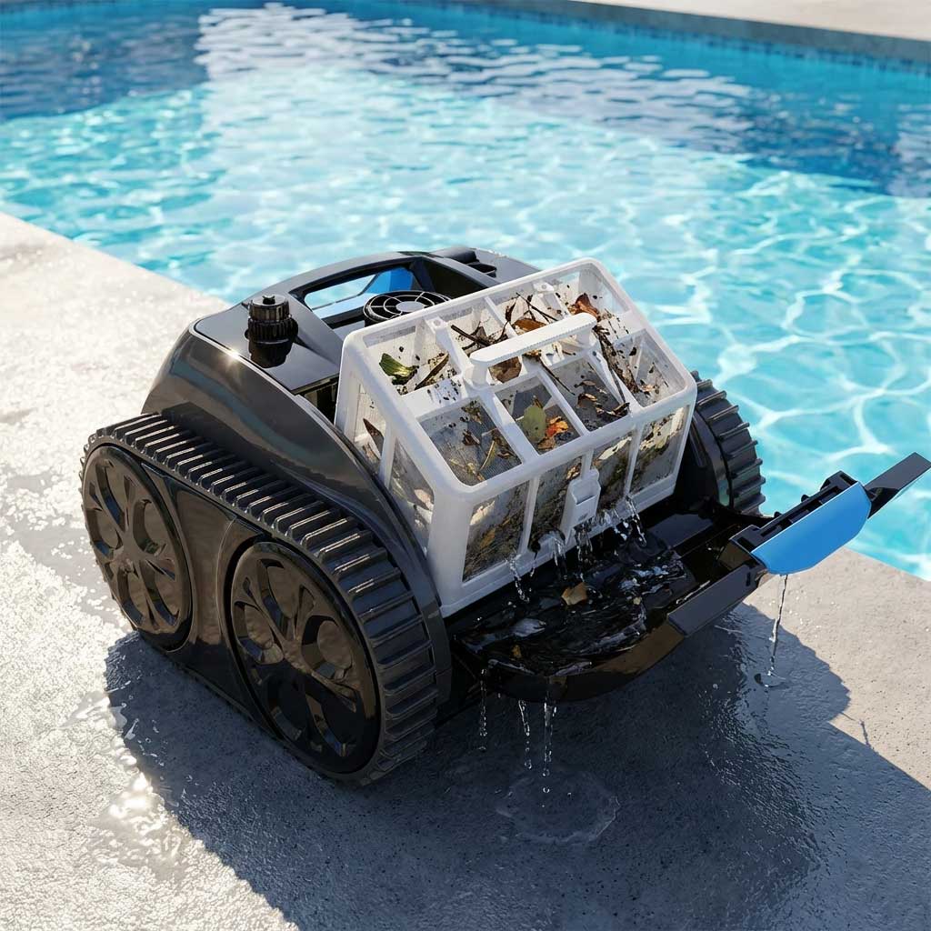 Automatisierter Poolreiniger mit Schmutzbehälter in der Nähe des Schwimmbades.