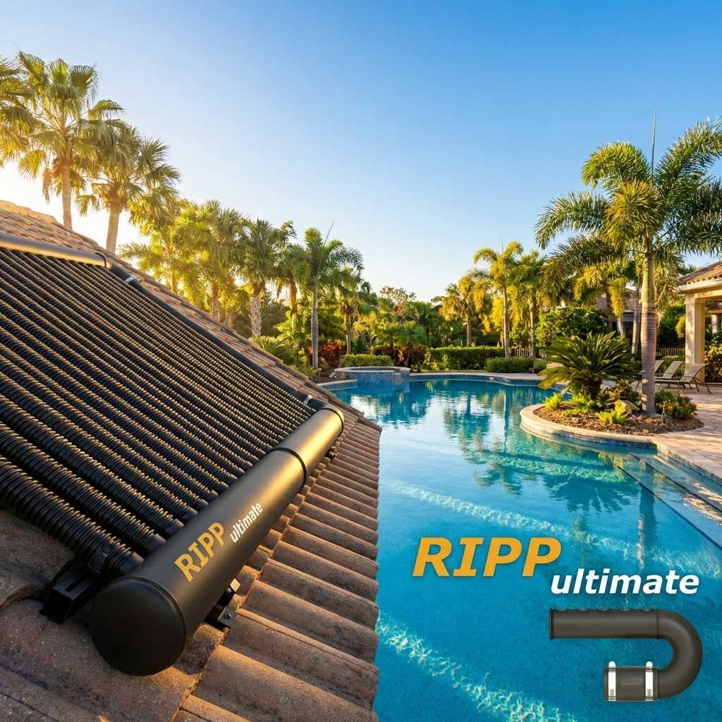 Auf einem Dach installiertes Solar-Poolheizsystem neben einem in den Boden eingelassenen Swimmingpool.