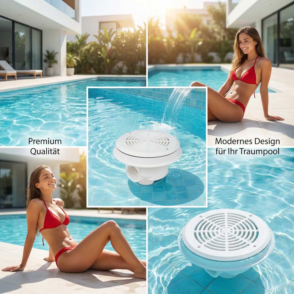 Schwimmbad mit moderner Ablaufabdeckung und Wasserspiel.