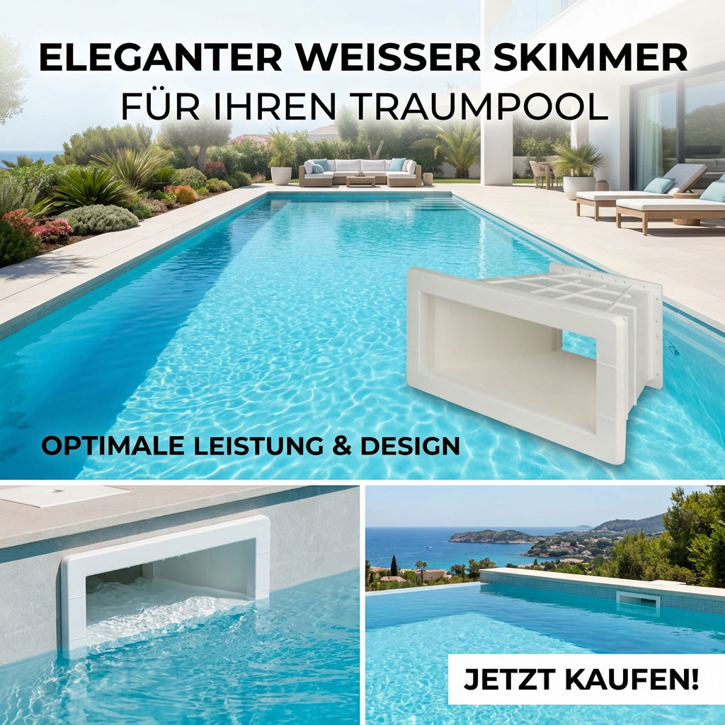 Weißer Skimmer für Pools, ein wesentliches Bauteil für die Wasserreinigung und -zirkulation.