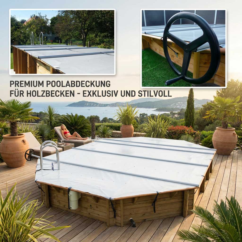 Achteckiger Pool mit Sicherheitsabdeckung und Zugangsleiter.