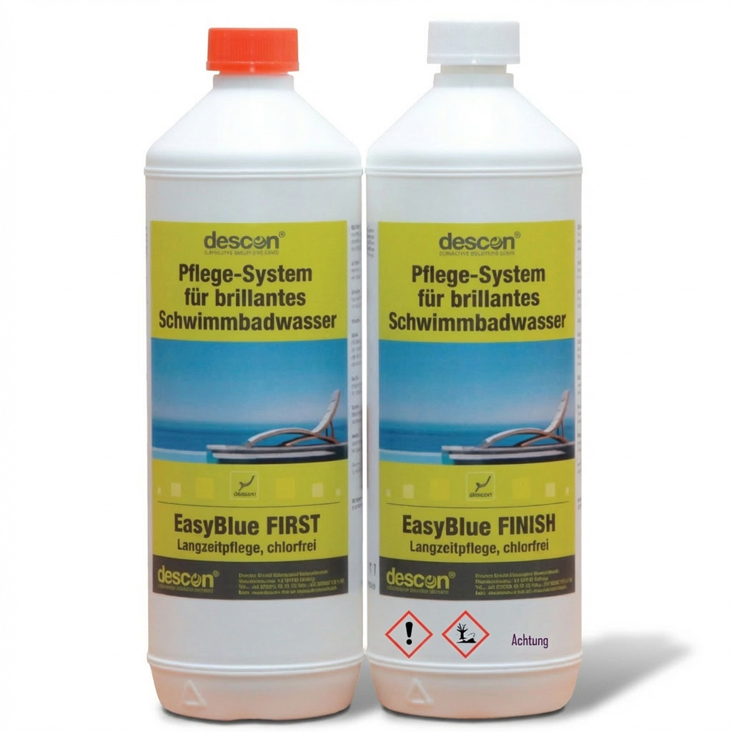 Zwei weiße Flaschen Poolwasseraufbereitung, eine mit orangefarbenem Verschluss, die andere mit weißem Verschluss.