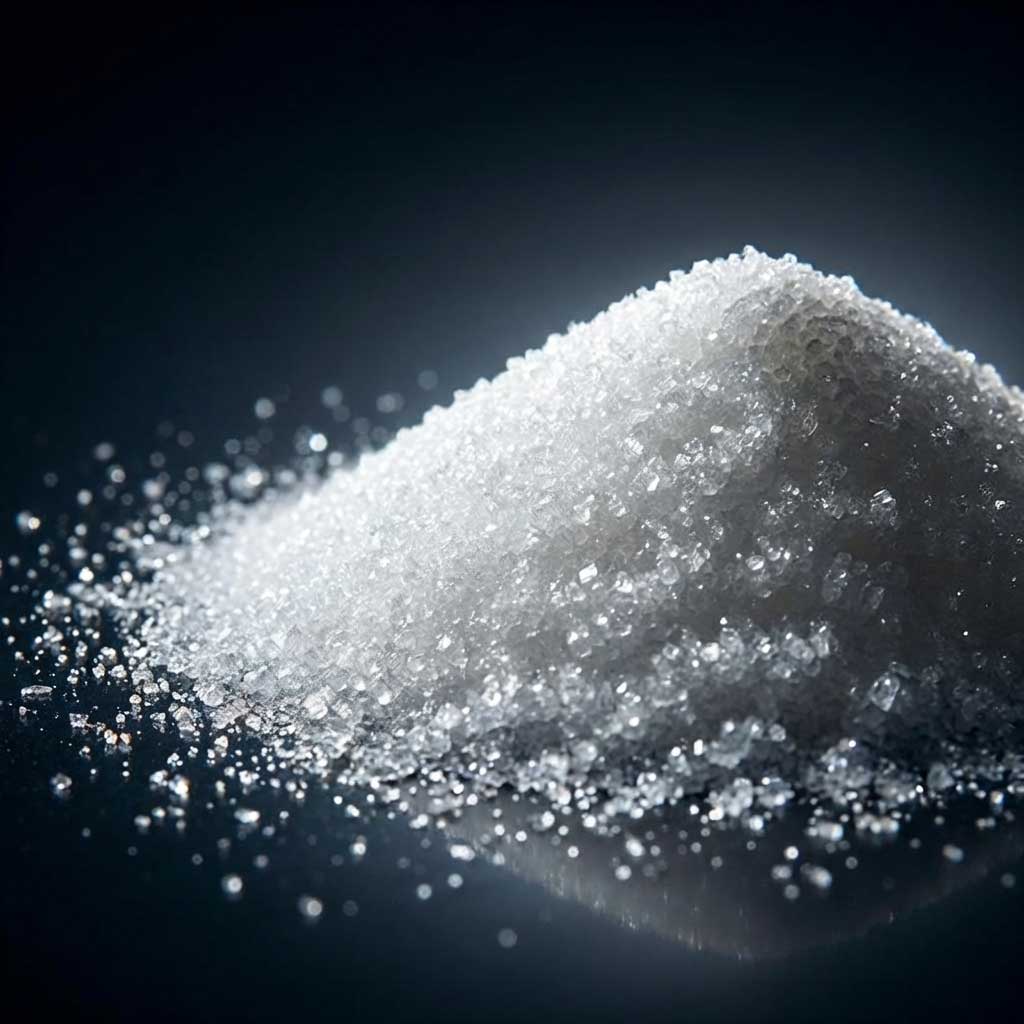 Eine Nahaufnahme von Kristallzucker in einem Hügel auf einer dunklen Oberfläche.