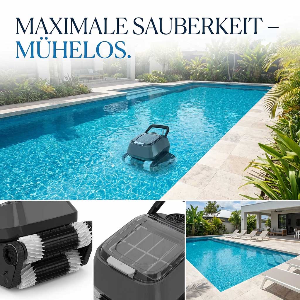 Automatischer Poolreiniger im blauen Schwimmbad.