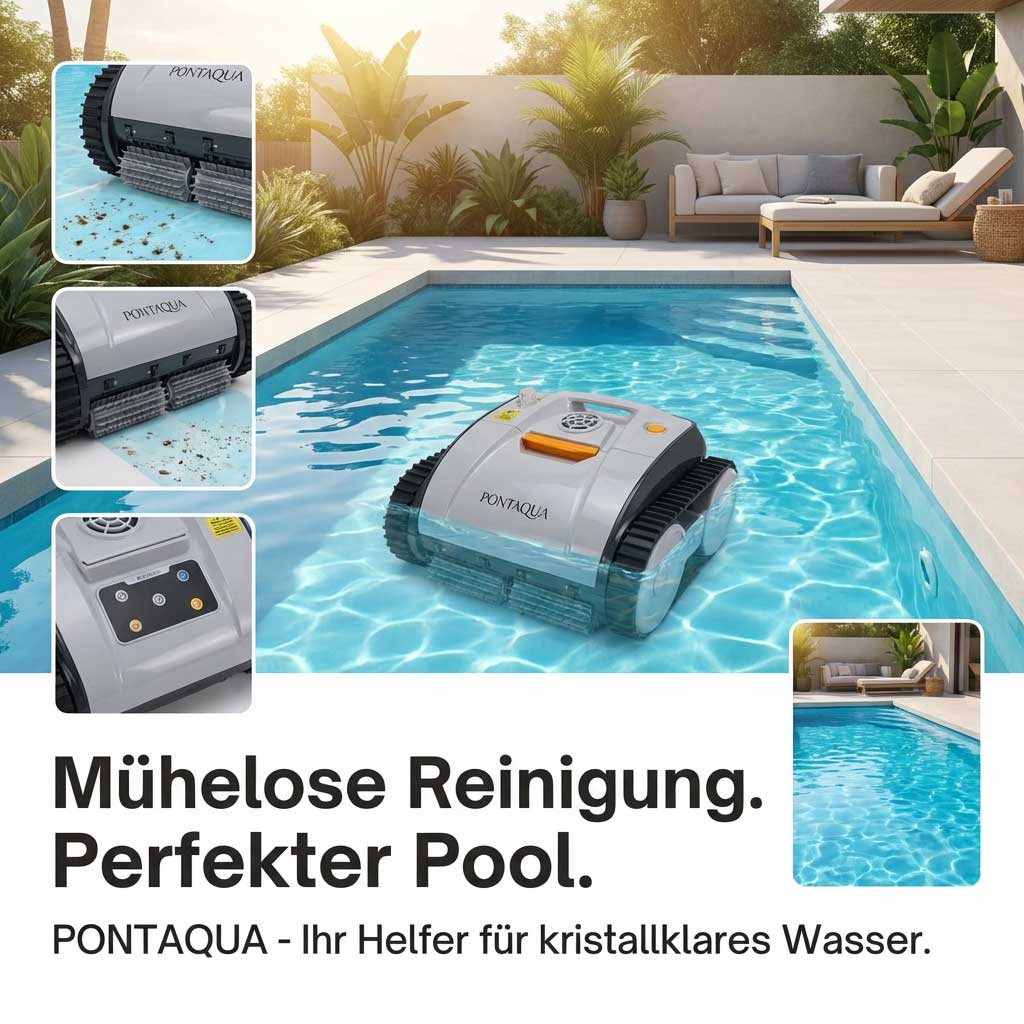 Roboter-Poolreiniger in einem rechteckigen Pool zur Schmutzentfernung.