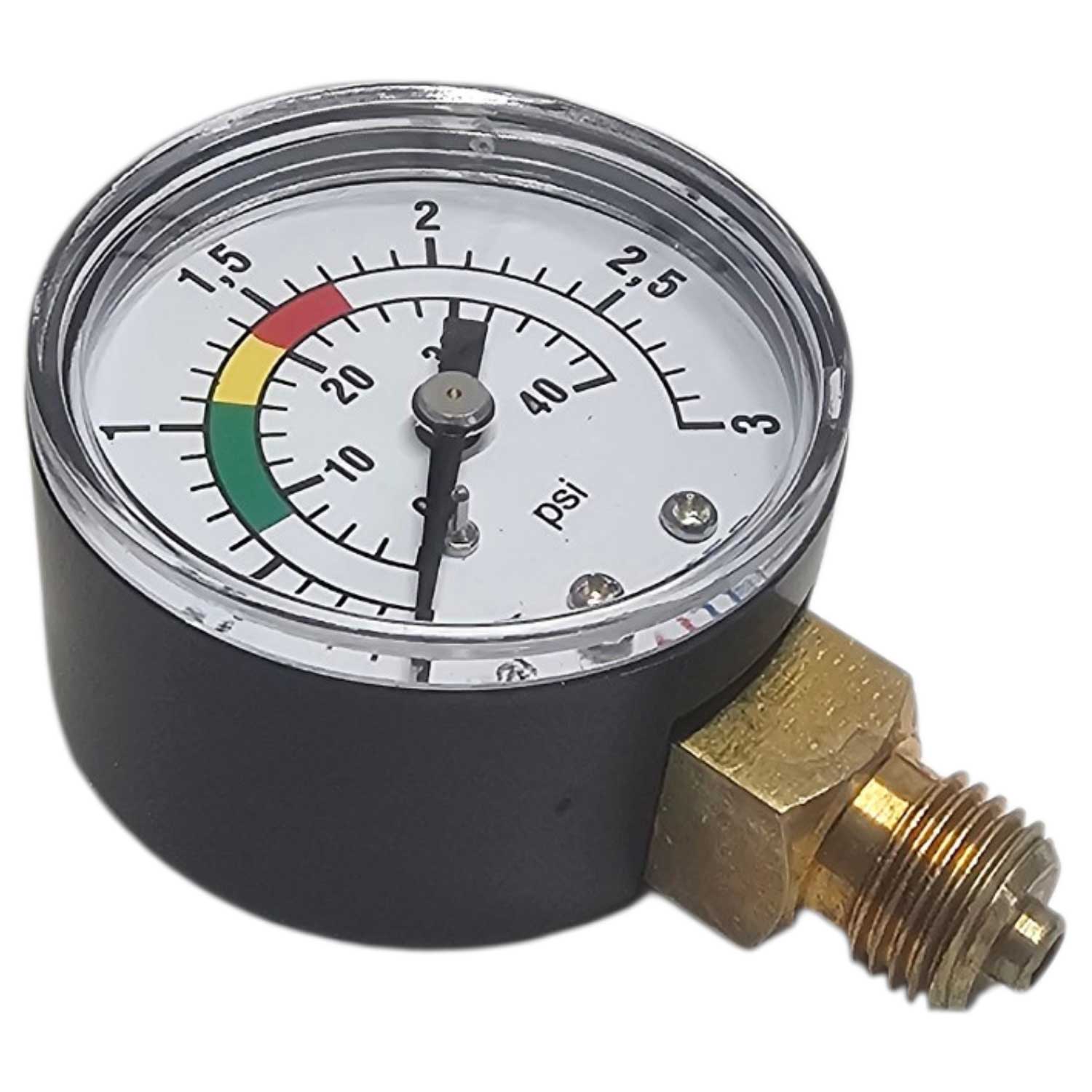 Manometer zeigt psi-Werte mit farbcodierten Indikatoren an.