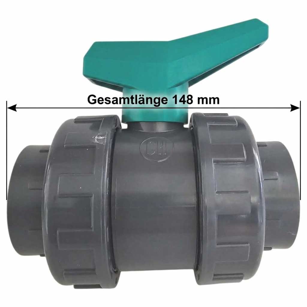 Grauer PVC-Kugelhahn mit grünem Griff und einer Gesamtlänge von 148 mm.