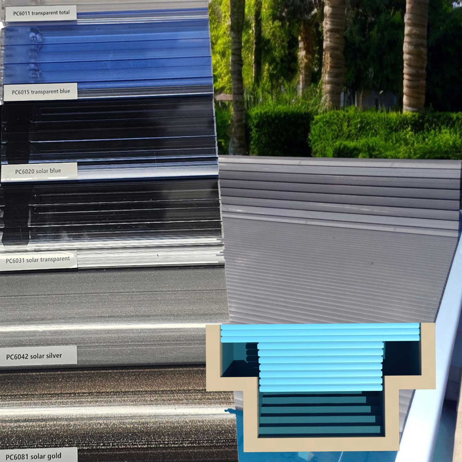 Lamellen Polycarbonat Rechteckbecken gerade Treppe