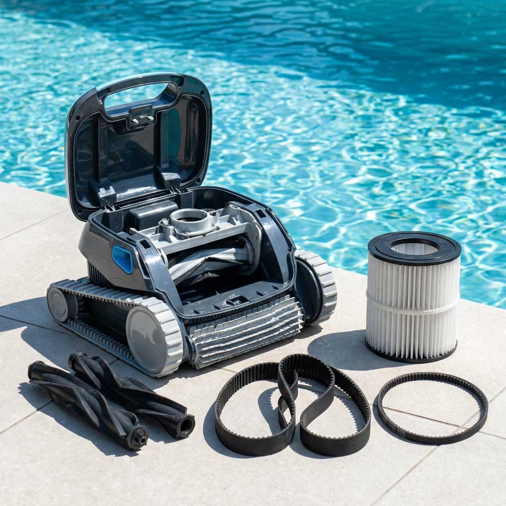 Automatisierter Poolreiniger mit offenem Fach und mitgelieferten Ersatzkomponenten in der Nähe.