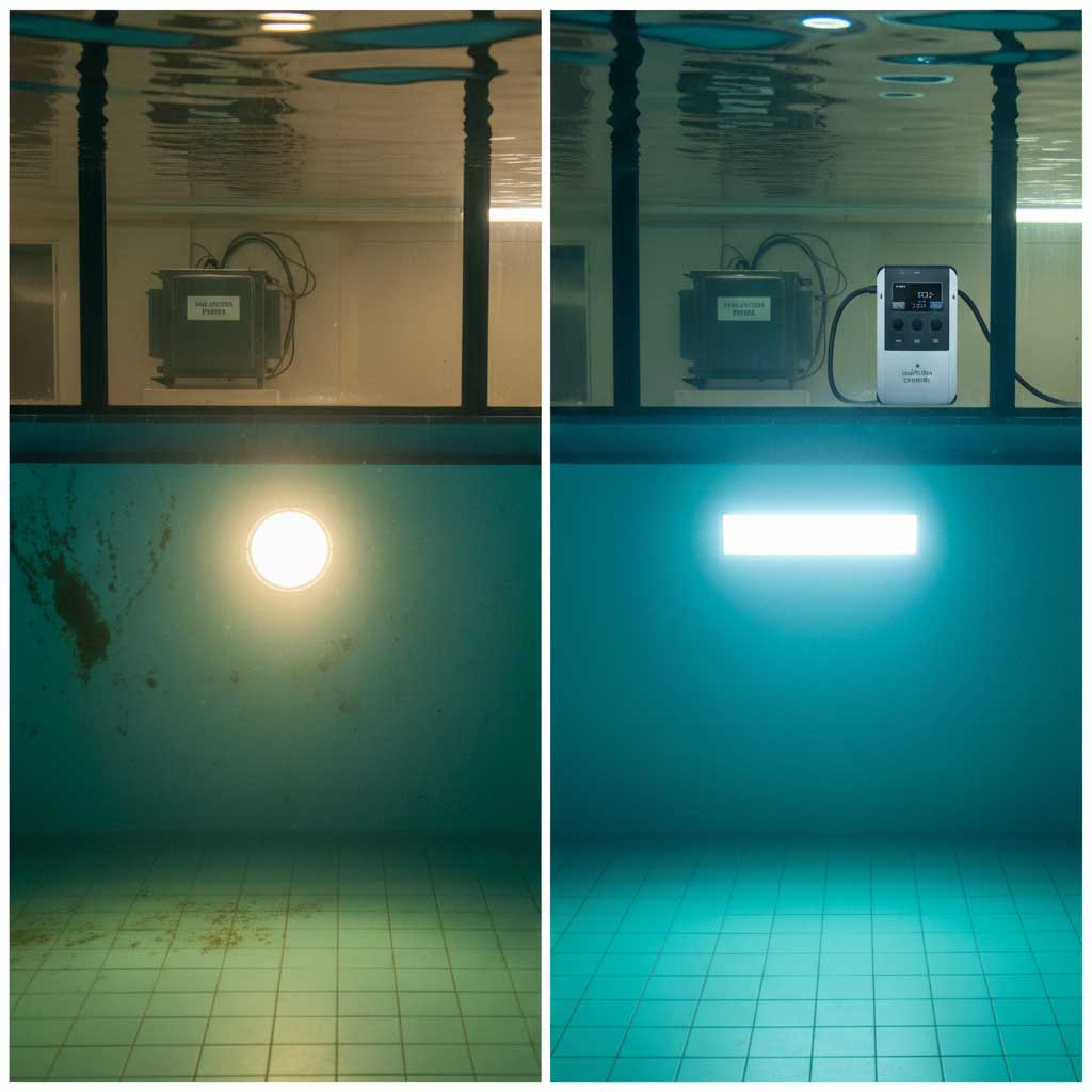 Vergleich der Schwimmbadbeleuchtung vor und nach der Sichtbarkeit von Wasser und Fliesen.