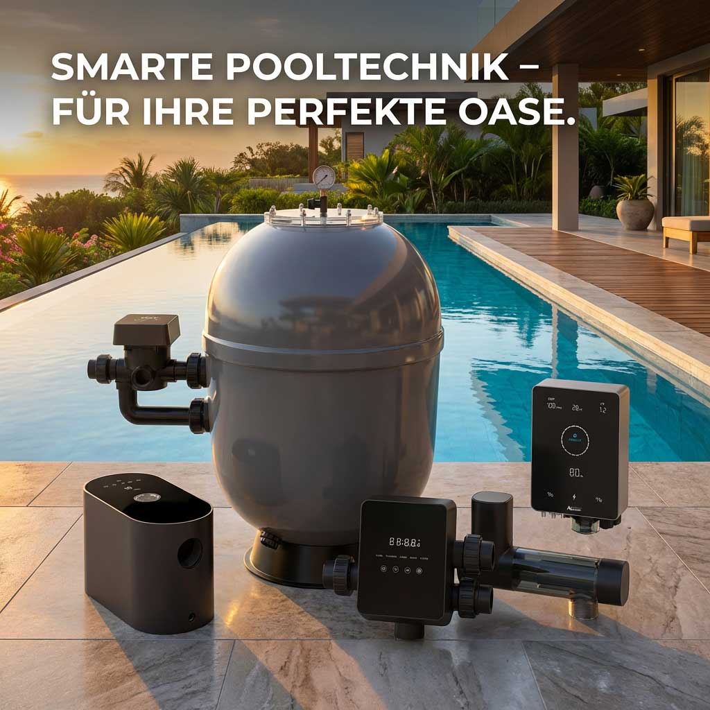 Pooltechnik mit Filter- und Steuerungsmodulen am Poolrand.