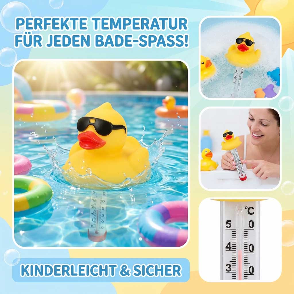 Schwimmendes Schwimmbeckenthermometer aus Gummiente in klarem Wasser mit Schwimmringen.