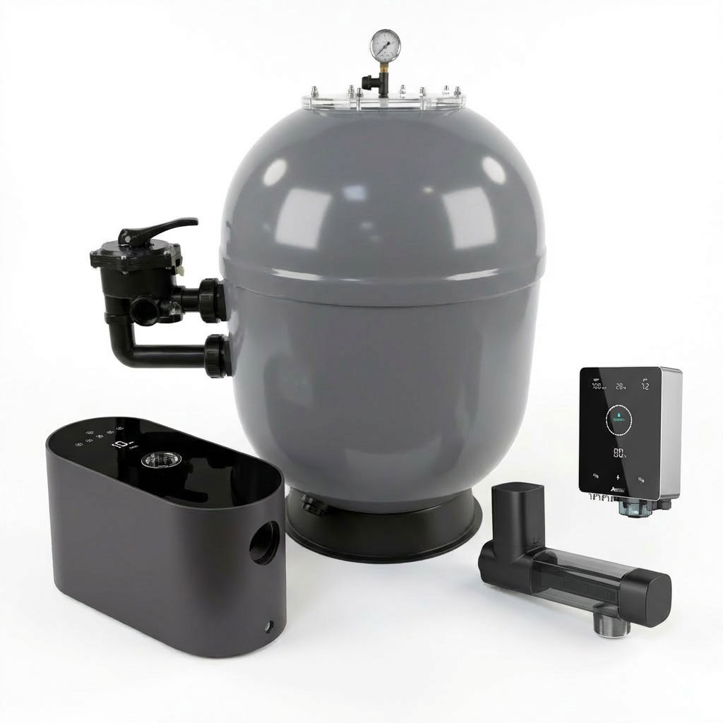 Graue Poolfilterbaugruppe mit Bedienfeld und Ventilen.