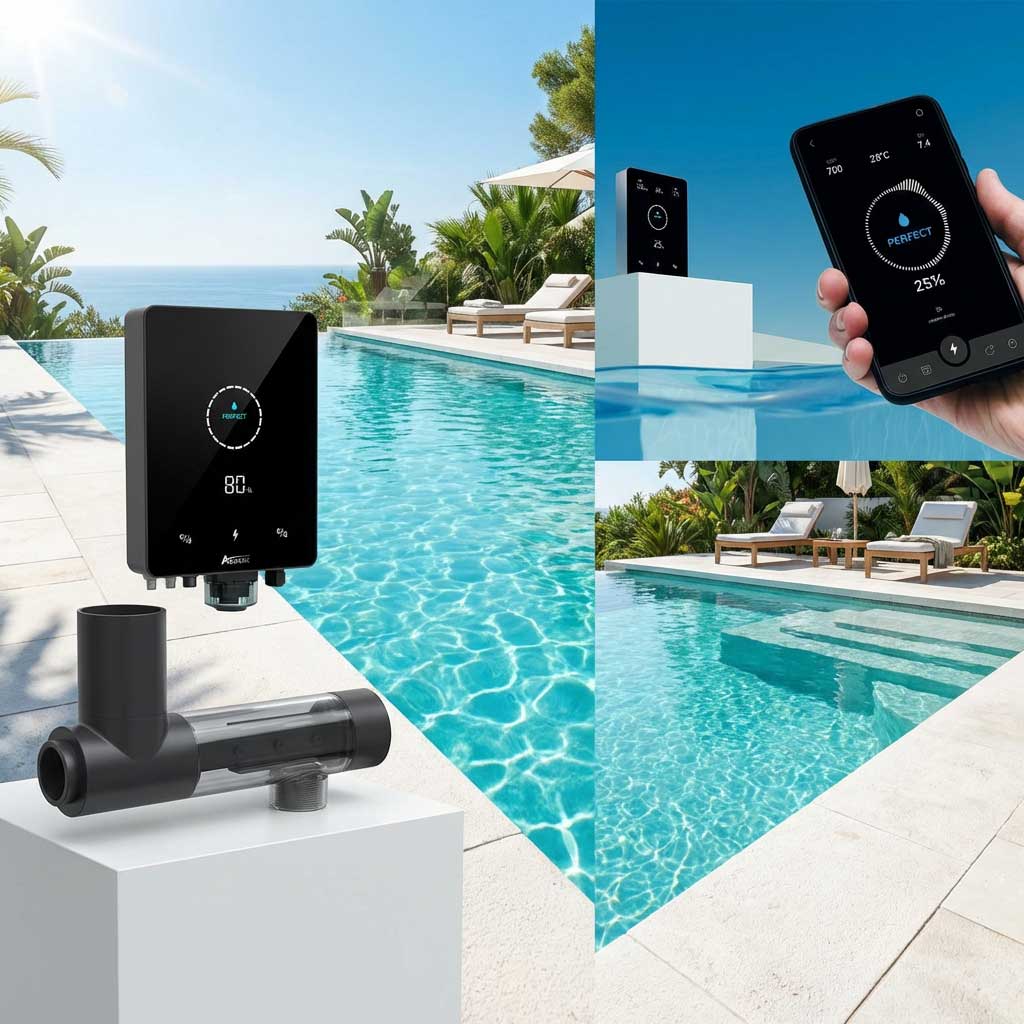 Digitales Poolsteuerungssystem mit Smartphone-Schnittstelle neben einem Schwimmbad.