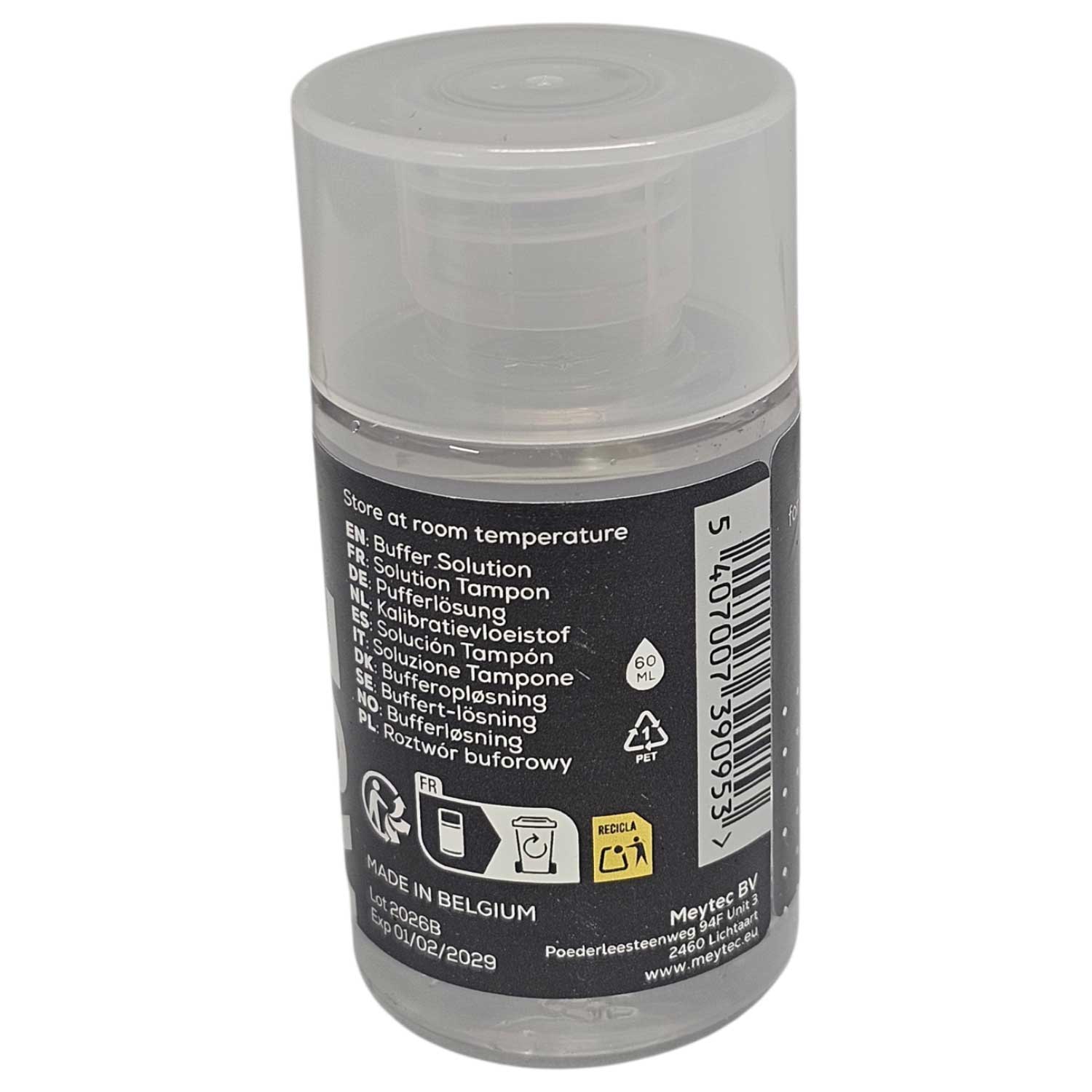60 ml Pufferlösung in einer transparenten Plastikflasche mit Schraubverschluss.