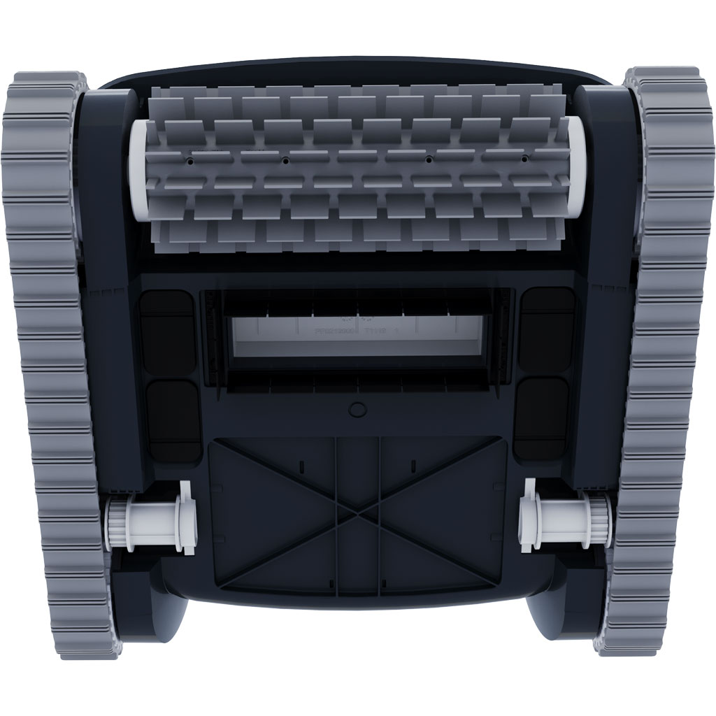 Unteransicht eines Roboter-Poolreinigers mit Raupenantrieb und Scheuerwalzenbaugruppe.