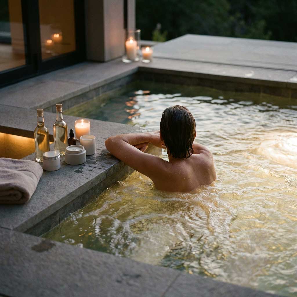 Person badet im Whirlpool im Freien mit Spa-Produkten und Kerzen. Wasser reflektiert das Umgebungslicht.